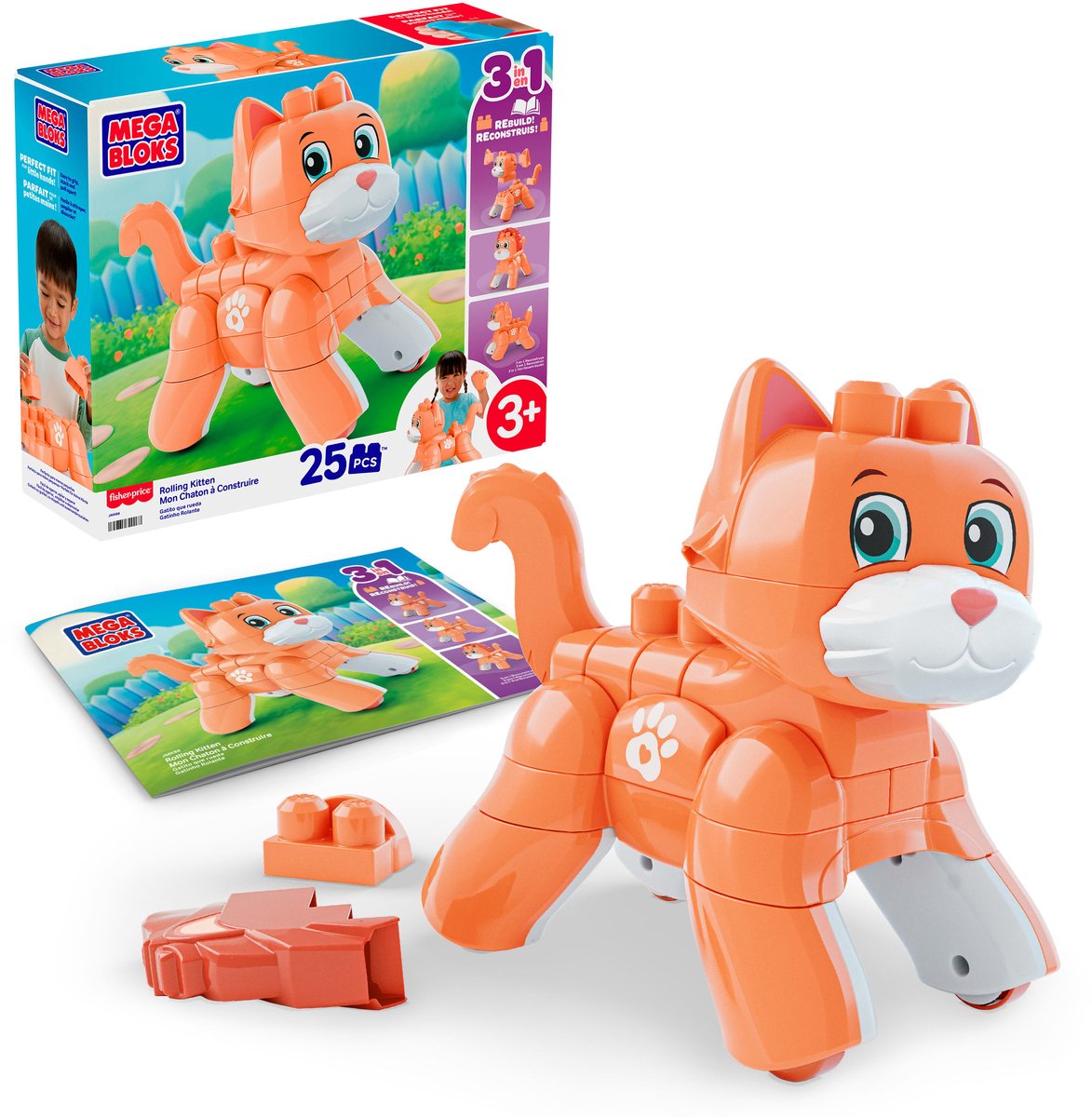 Bloques de juguete Mega Bloks Fisher-Price Rolling Kitten - con ruedas giratorias, 25 piezas