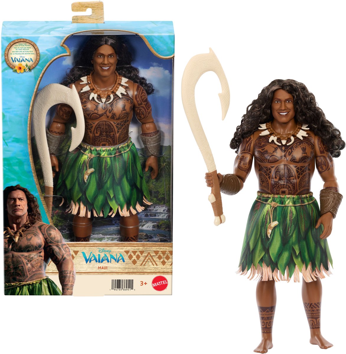 Bambola Disney Vaiana Maui con vestito che può essere indossato e tolto e 4 accessori, ispirata a un film live-action