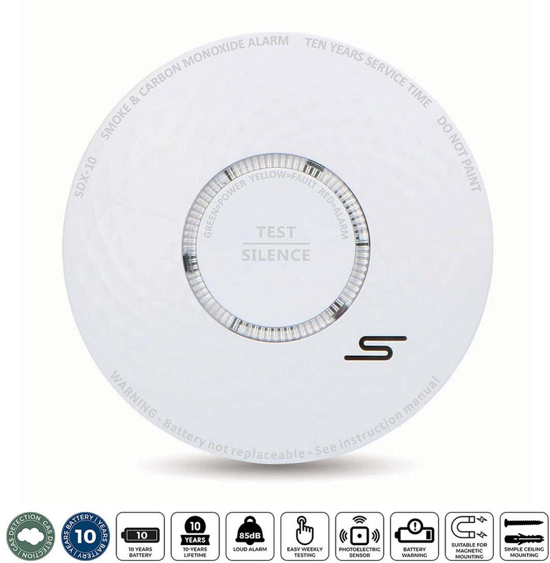 Detector de humo Alecto SDX10 y detector de monóxido de carbono en uno - batería de 10 años - cumple con la norma europea EN14604 y EN50291 - blanco