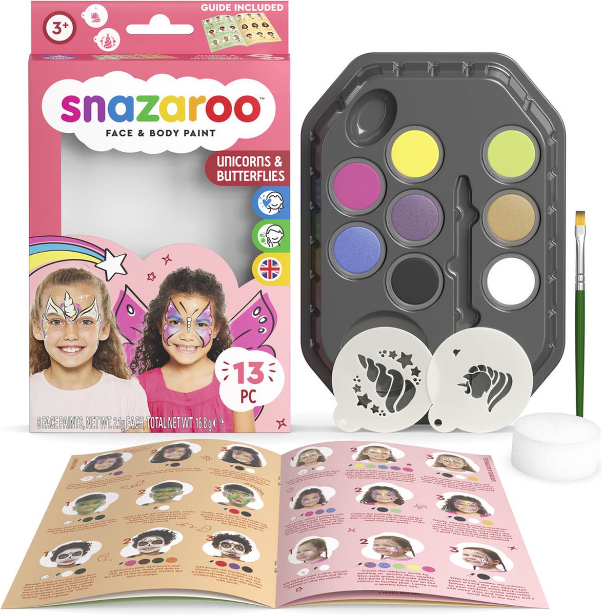 Snazaroo 1172181 pittura per il viso unicorno farfalla acqua - pittura per il viso per bambini - set per pittura per il viso unicorno farfalla - ipoallergenica sicura