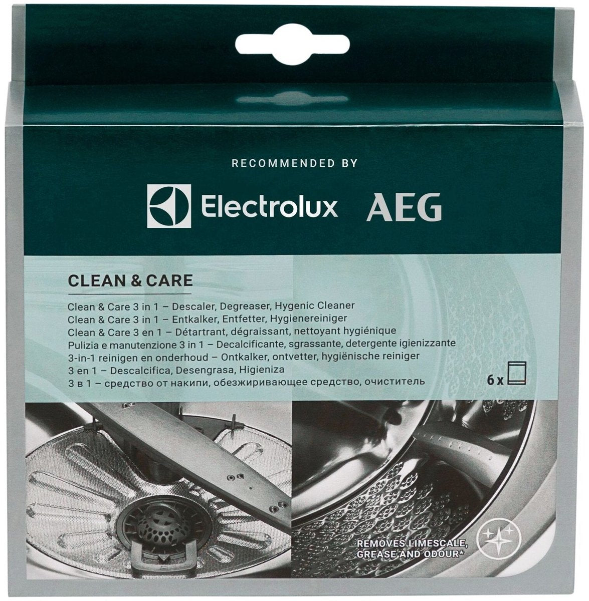 Aeg electrolux m2gcp601 clean and care - detergente 3 in 1 - pulizia e manutenzione - decalcificante, sgrassatore e detergente - adatto per lavatrici lavastoviglie - 6 sacchetti validi per sei mesi