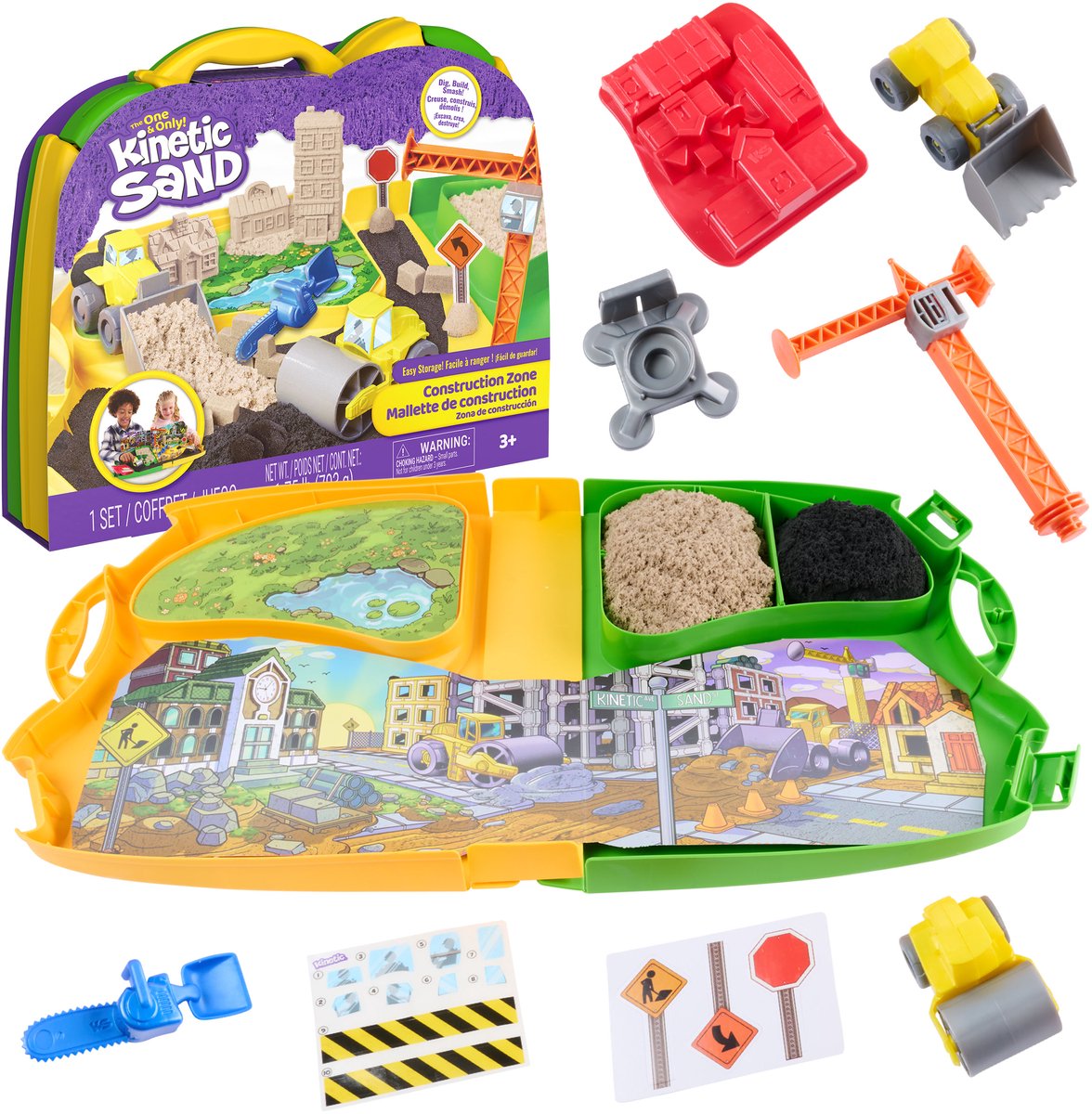 Sabbia cinetica - set da gioco da cantiere con sabbia modellabile - sabbia da gioco da 453 g, 2 camion giocattolo, gru, attrezzi e scatola di stoccaggio - giocattoli sensoriali