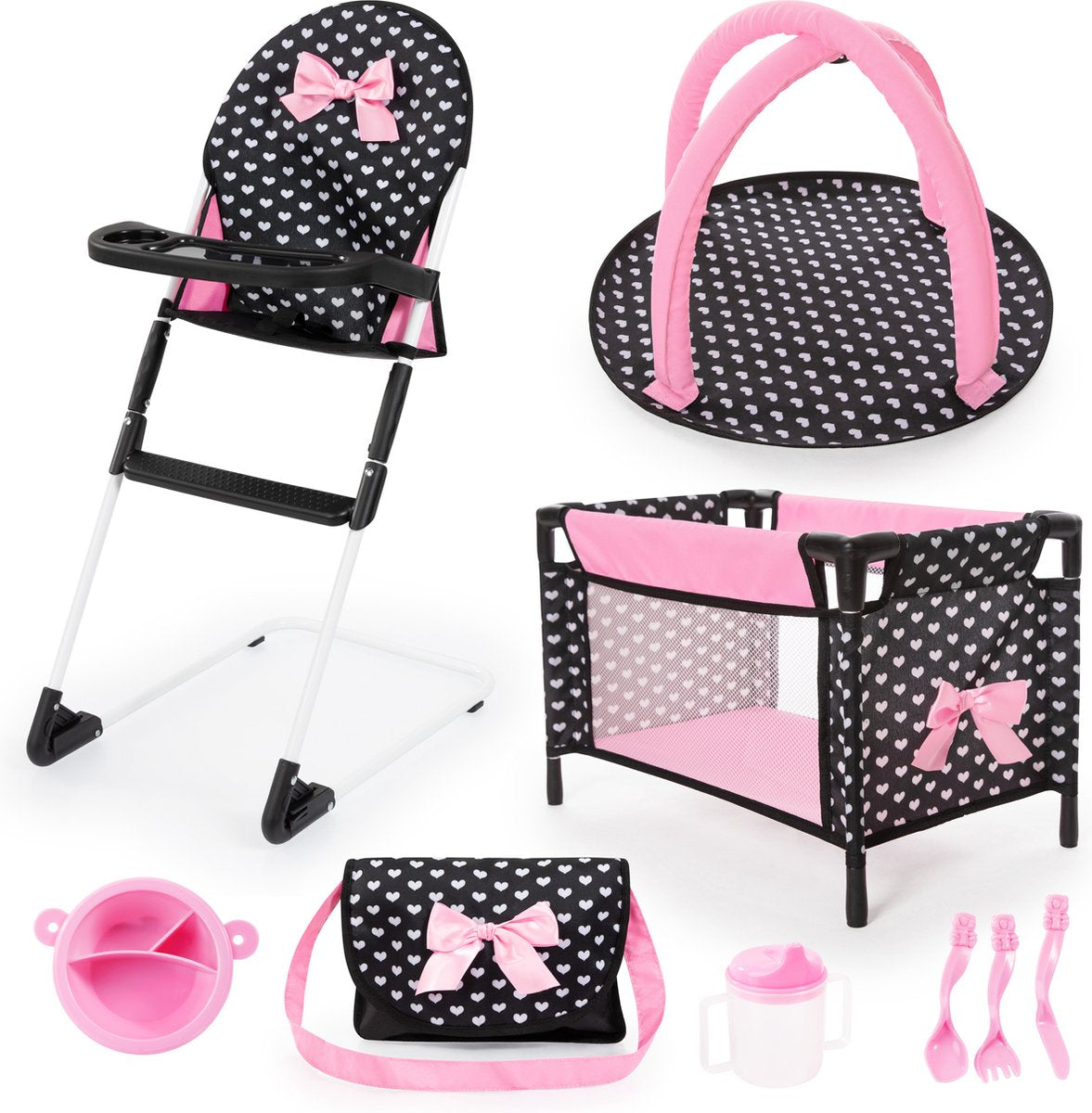 Bayer design - set de viaje 9 en 1 con cama y trona en negro, blanco y rosa
