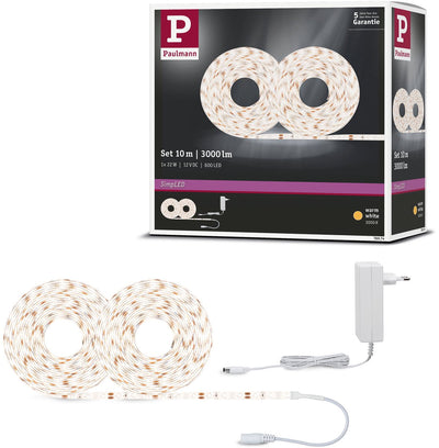 Striscia LED semplice Paulmann 10 metri bianco caldo 3000k - set plug play - 22w - 300 lm m - 60 LED m - per interni - rivestita
