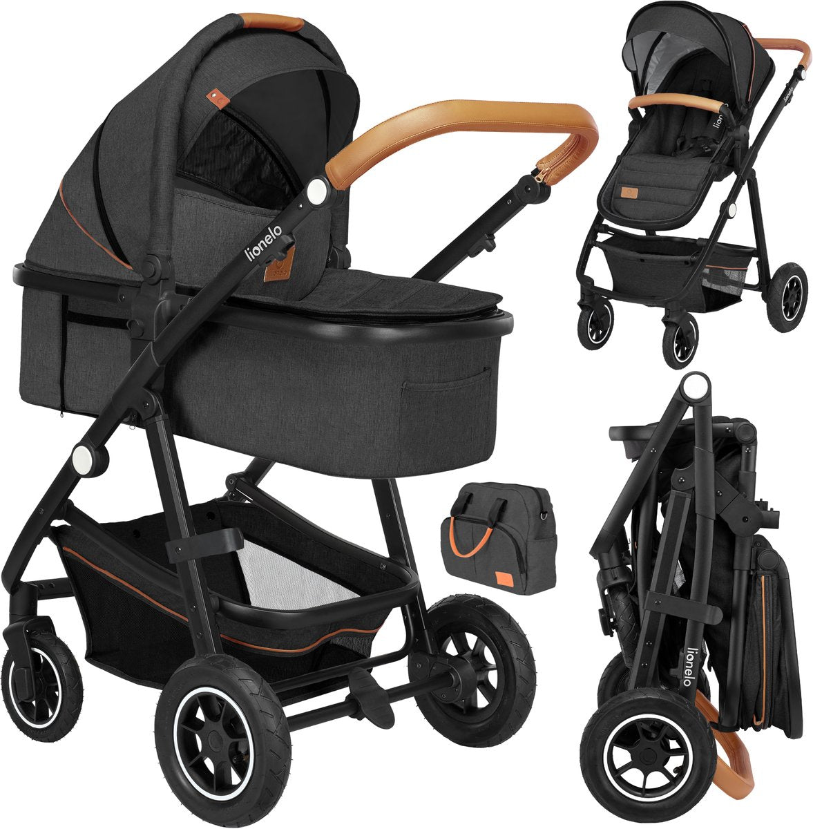 Lionelo amber 2 in 1 - kinderwagen - reiswieg + buggy - vanaf geboorte tot 22 kg (0-4 jaar) - luchtbanden - volledige vering - comfortabel ligmatras - snel inklapbaar - luiertas - klamboe - regenhoes - verschoonmatje - wandelwagen - baby peuter