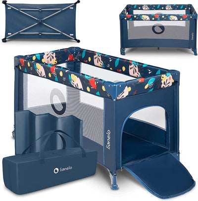 Lettino da campeggio Lionelo Stefi 3 in 1 - lettino box pieghevole lettino da viaggio - 60x120 cm - 0-36 mesi fino a 15 kg - con materasso comfort - ingresso laterale con cerniera - ruote - borsa per il trasporto