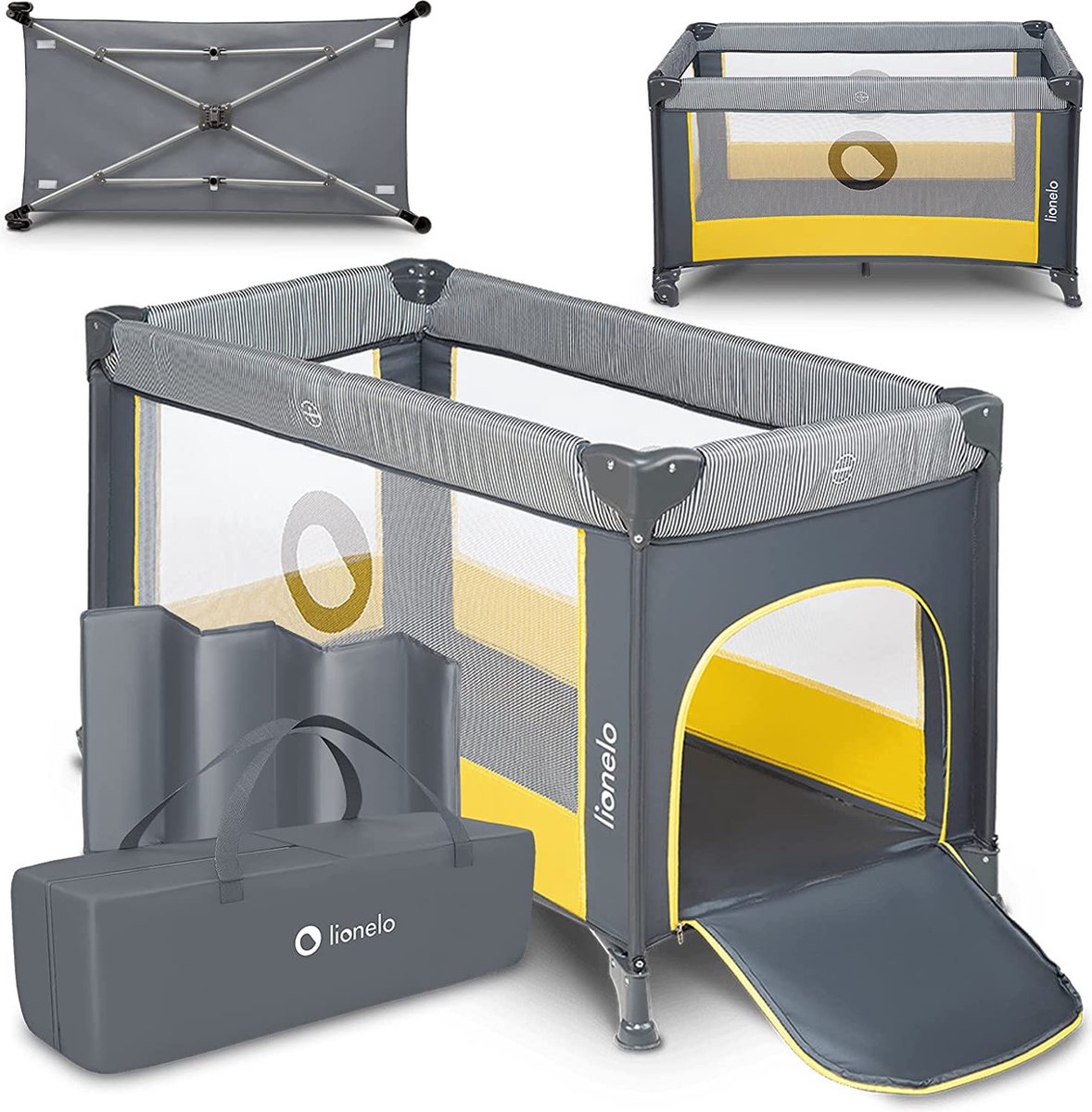 Lionelo campingbedje 3 in 1 - baby bed inklapbare box reisbedje - 60x120 cm - 0-36 maanden tot 15 kg - met comfort matras - zij-ingang met rits - wielen - transporttas - stefi babybed babybox ledikant