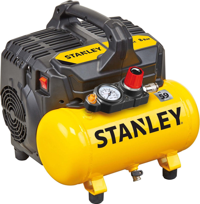 Compressore silenzioso Stanley dst 100 8 6 - compressore aria 8 bar - pompa aria con serbatoio capacità 6 l - compressore aspirazione oil-free 105 l min - con maniglia e piedini antiscivolo - adatto per utensili pneumatici