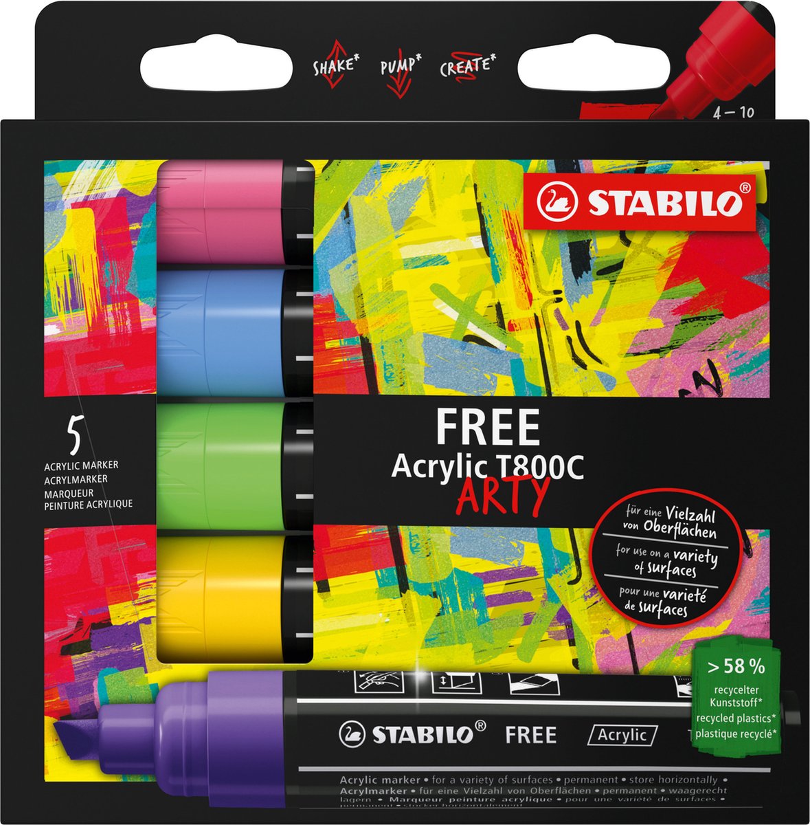 Acrilico Stabilo free - pennarello acrilico - set mare t800c - punta angolata 4-10 mm - astuccio con 5 colori