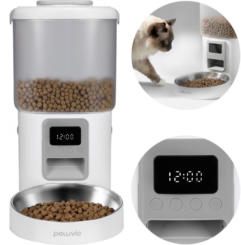 Ciotola automatica croccante per gatti Peluvio - distributore automatico di cibo per gatti - cibo secco da 4,5 l - timer fino a 4 pasti - schermo LCD - ciotola per cibo in acciaio inox - batteria tampone - senza app