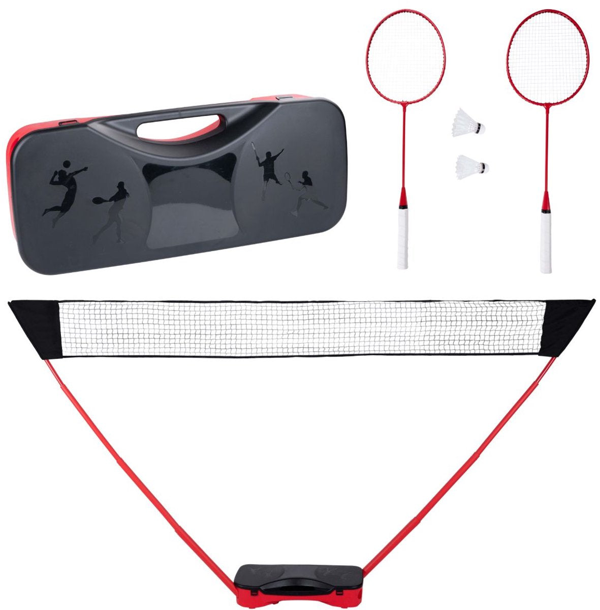 Merkloos sans marque donnay badmintonset - badminton complete set voor 2 personen - inclusief badminton shuttles, badmintonrackets en badmintonnet - met handige badmintontas - badminton racket in zwart rood