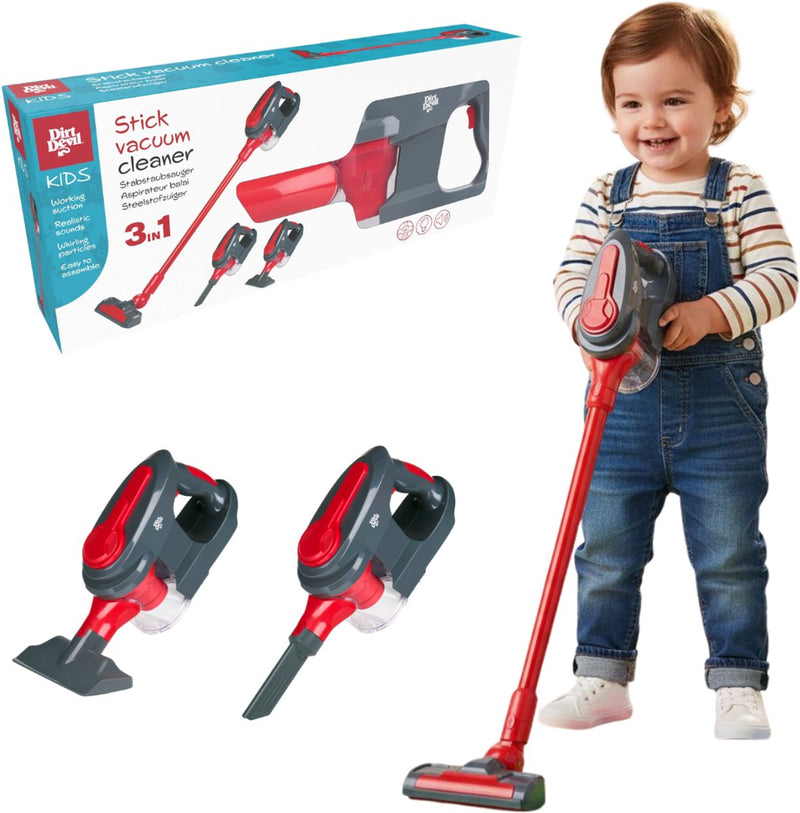 Aspirapolvere giocattolo Dirt Devil 3 in 1 - aspirapolvere a bastone e aspirapolvere portatile 2 accessori - funzione di aspirazione funzionante e suoni realistici - per ragazzi e ragazze dai 3 anni - rosso grigio
