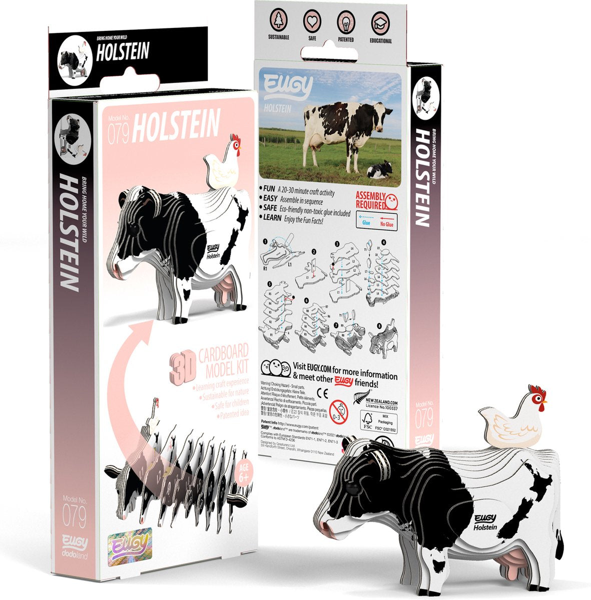 Puzzle 3d eugy - vaca holstein - animales de granja - sostenible - colecciónalos todos - 6 años