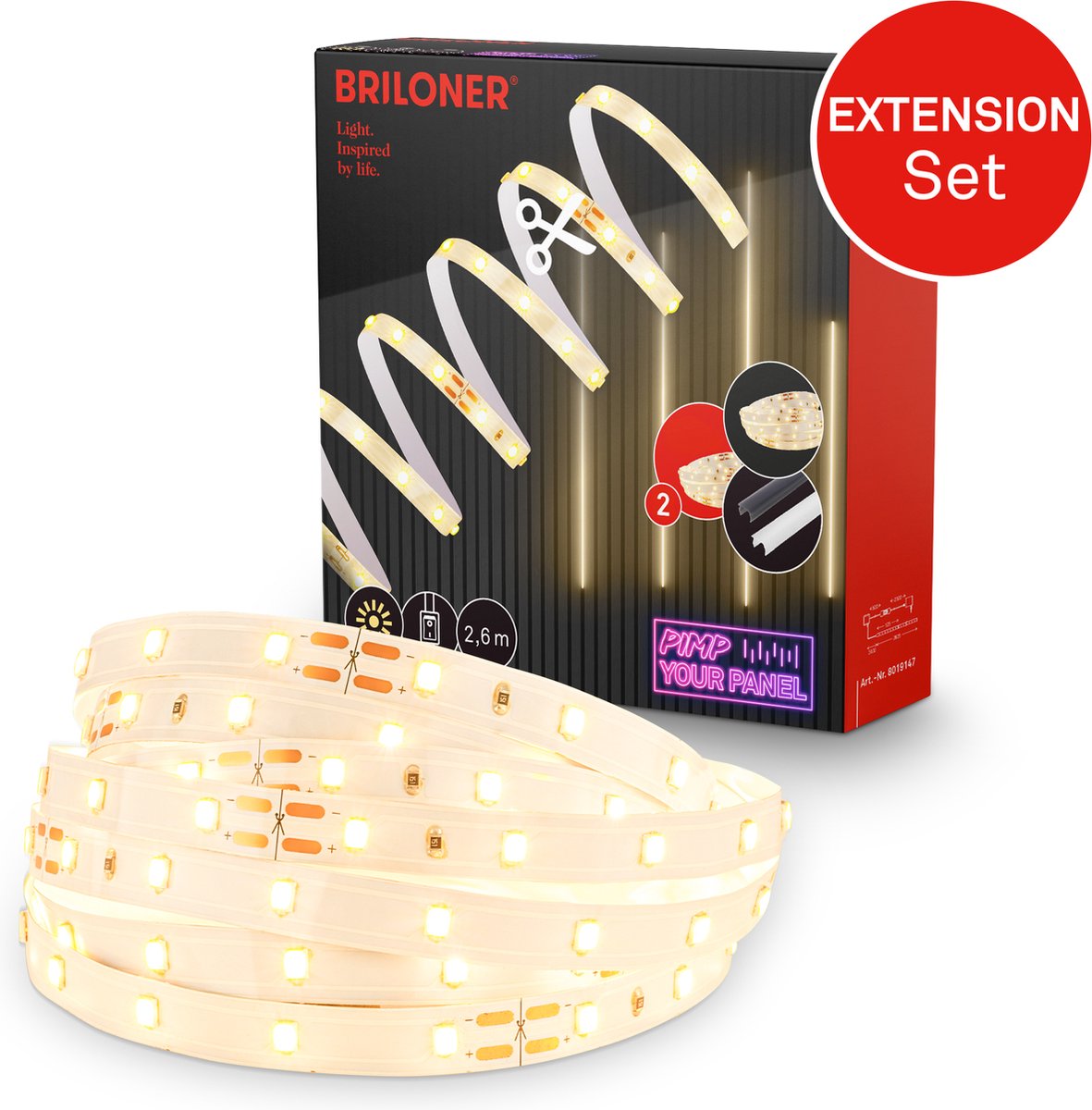 Briloner proxene tu panel - set de extensión tira led 2,6m - 8019147 - set de extensión ww - proxeneta tu panel - se puede acortar - autoadhesivo - extensible - 262,5 x 1 cm