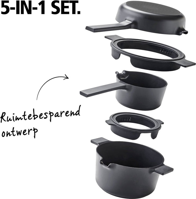 Brabantia compact all-in-one-set – stapelbare 5-delige pannenset- 22cm kookpan – 22cm koekenpan- 16cm steelpan- trendy design-stapelbaar - 100% pfas-vrij – 100% gerecycleerd - anti-aanbaklaag- aluminium- - incl. onderzetters - zwart