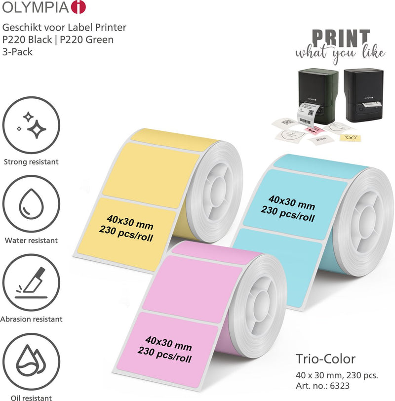 Etichette termiche Olympia ol6323 - 40 x 30 mm - tricolore - 230 pz. - blu rosa giallo - casa | ufficio | hobby - confezione da 3