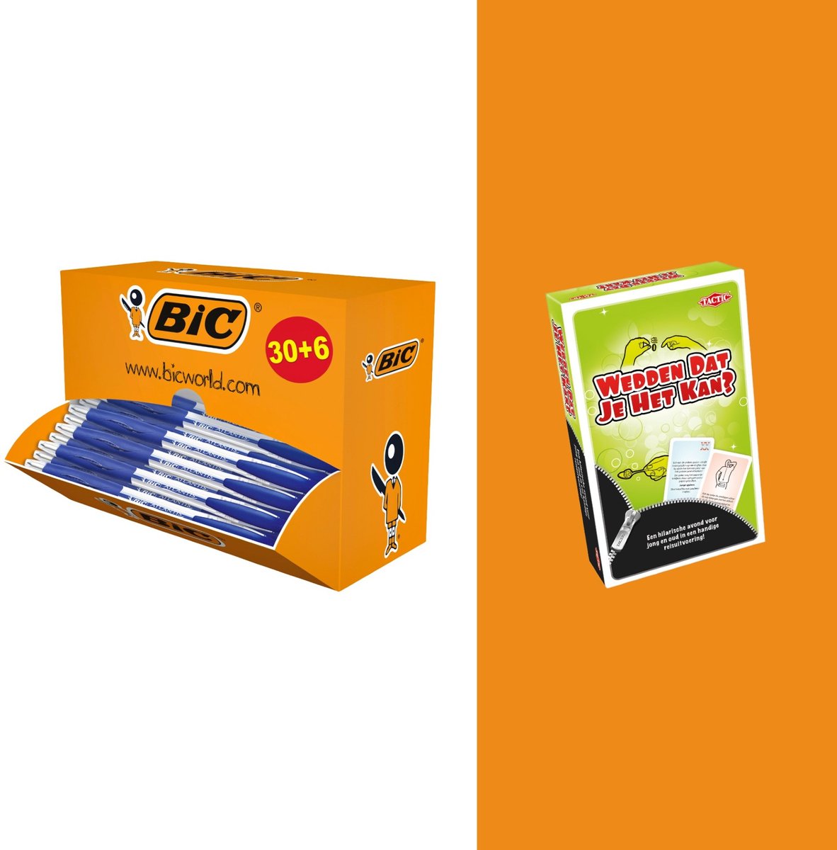 Bic® bic atlantis classic grip - balpennen blauw - valuepack 30+6 gratis - inclusief gratis tactic spel wedden dat je het kan
