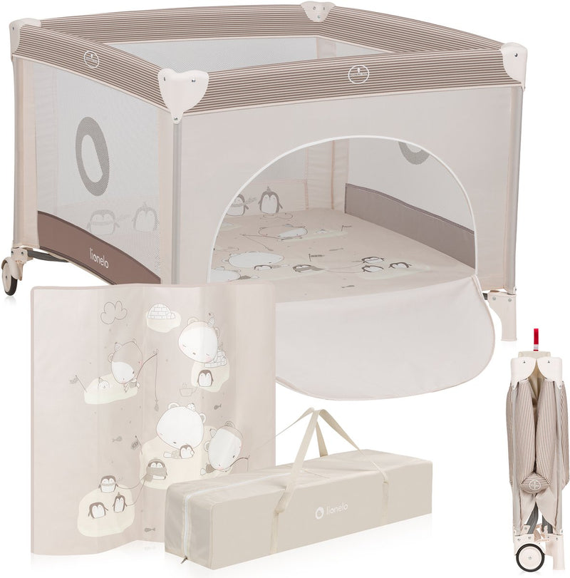 Box Lionelo Bonnie - lettino - fino a 15 kg - pareti laterali in rete ariosa - ampia area giochi - sistema per piegare e ripiegare rapidamente - borsa per il trasporto in dotazione