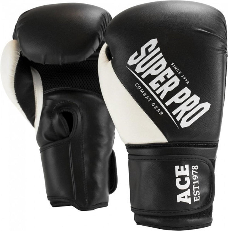 Guantoni da boxe Super Pro Combat Gear Ace (kick) bianchi e neri da 12 once