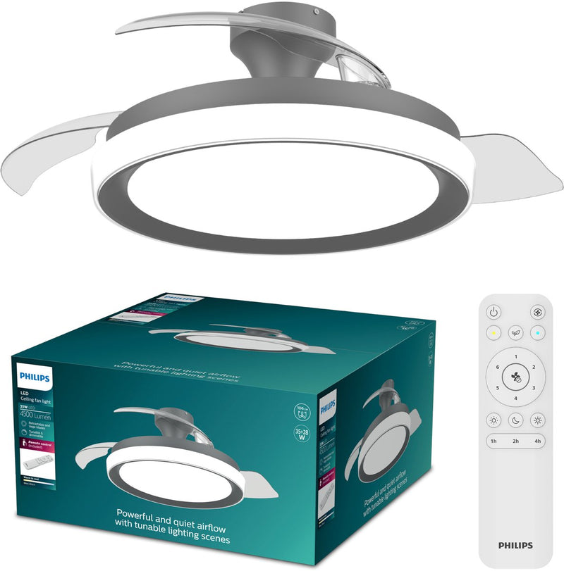 Philips Ventilatore da soffitto LED Philips Bliss con lampada LED integrata - 3 pale retrattili, diametro: 106cm - 4500 lumen - luce bianca regolabile da 2700k a 6500k - dimmerabile fino al 5% - telecomando - nero