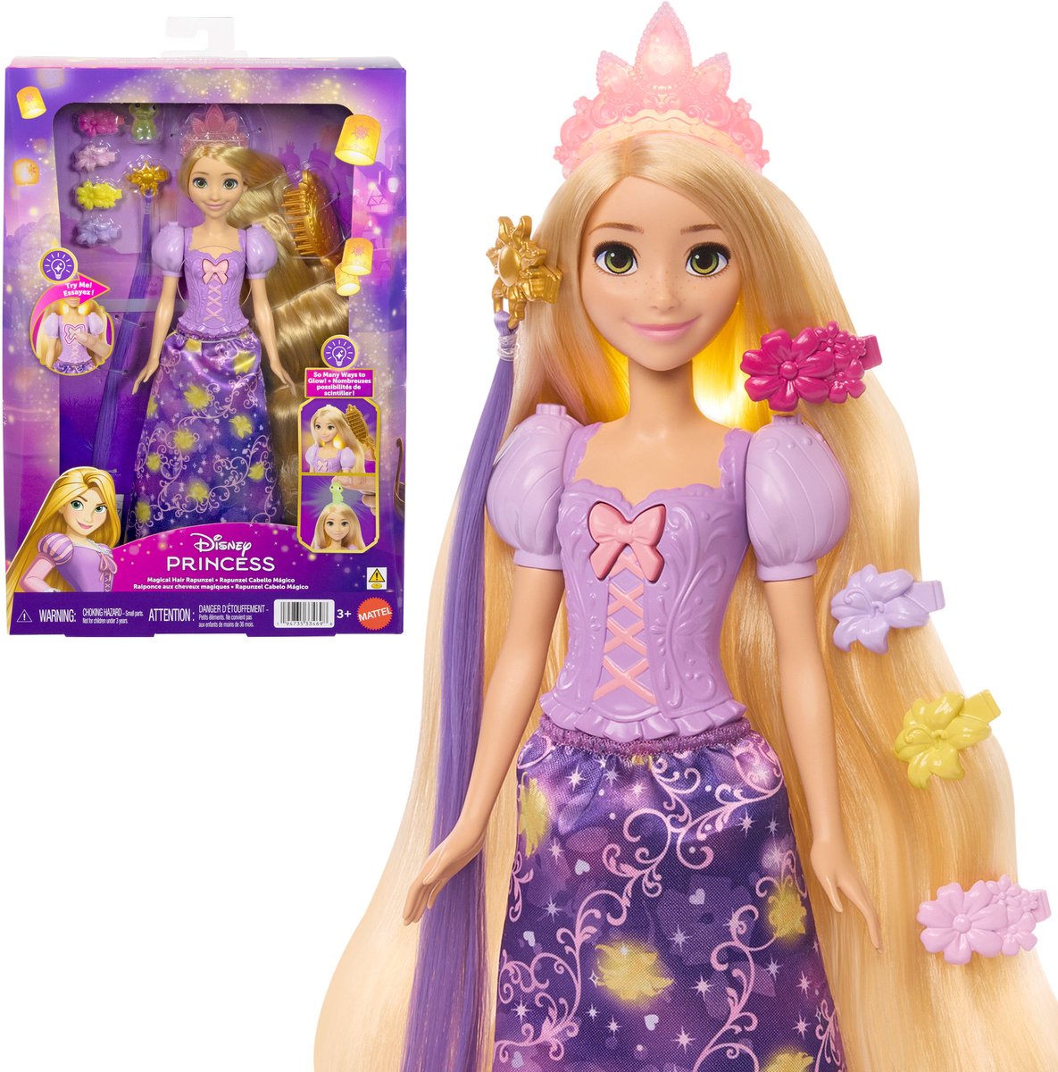 Mattel disney princess lichtgevend haar rapunzel modepop - magisch haar modepop speelgoed