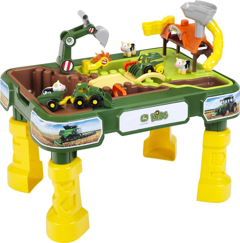 Klein Toys Tavolo da gioco con sabbia e acqua John Deere - Fattoria 2in1 - incl. vaschette estraibili per sabbia e acqua - 64x46x60 cm - verde giallo