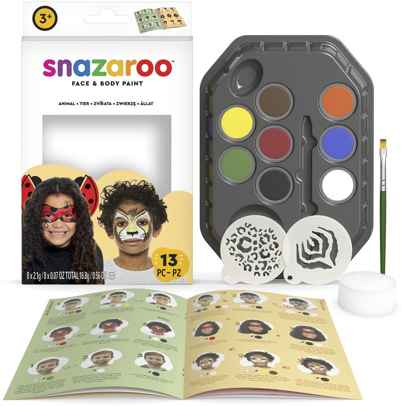 Snazaroo 1172183 Set per truccabimbi Animal World Aqua – Truccabimbi per bambini – Kit per truccabimbi per animali della giungla – 13 pezzi, ipoallergenico