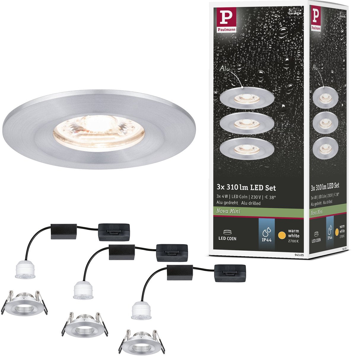 Paulmann LED empotrable nova mini moneda set básico estrella IP44 redondo 65 mm moneda 3x4W 3x310lm 230V 2700K aluminio girado
