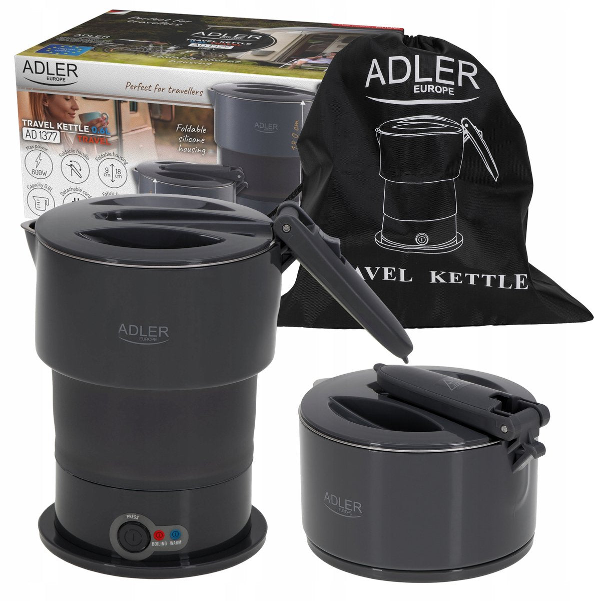 Adler compact travel kettle 600w 0.6l - foldable and portable