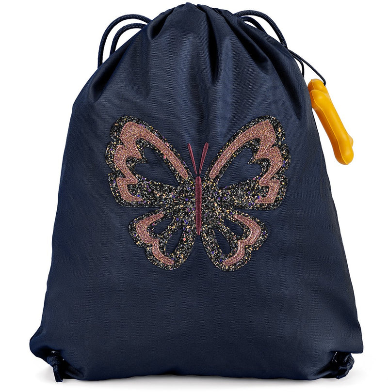 Pietre e ossa nocciola 4.0 - borsa da palestra - borsa da nuoto - materiale impermeabile - farfalla glitterata - blu scuro