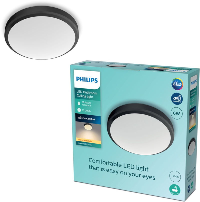 Philips Lámpara LED de techo para baño Philips Doris - negra - pequeña - 6 W