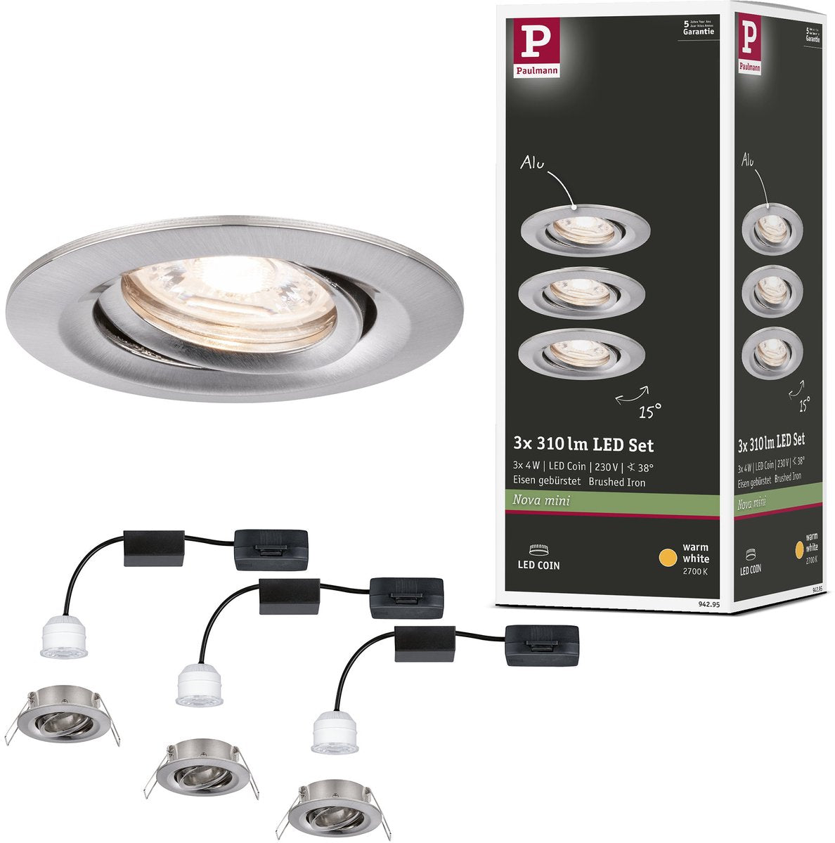 Paulmann LED empotrable nova mini moneda base set orientable redondo 66 mm 15° moneda 3x4w 3x310lm 230v 2700k acero cepillado