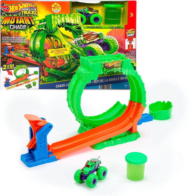 Hot Wheels Monster Trucks Muted Chaos Looping Challenge - Set da gioco con camion giocattolo Wreckin' Wolf e melma