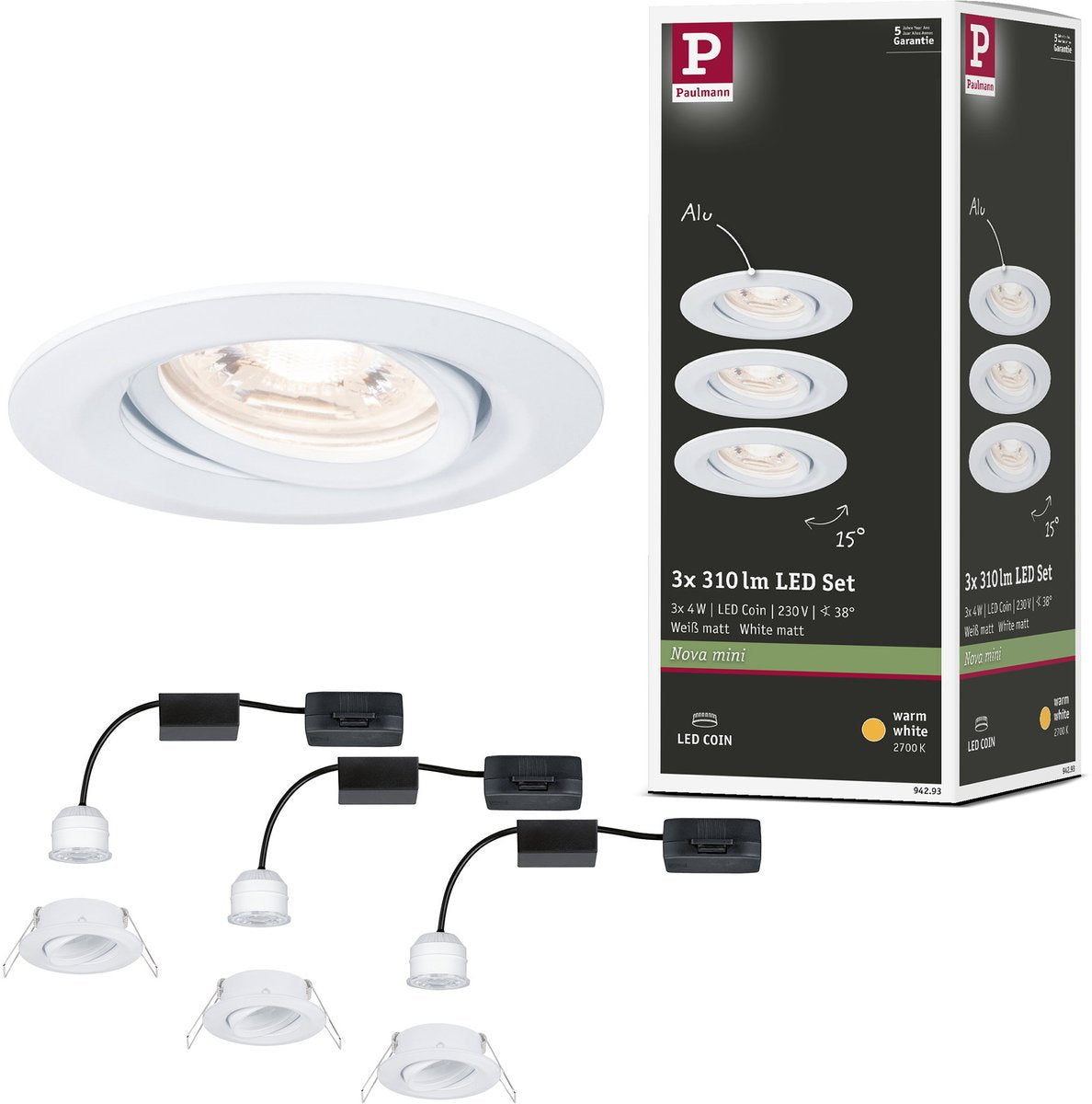 Paulmann LED empotrable nova mini coin set básico orientable redondo 66 mm 15° coin 3x4w 3x310lm 230v 2700k blanco mate