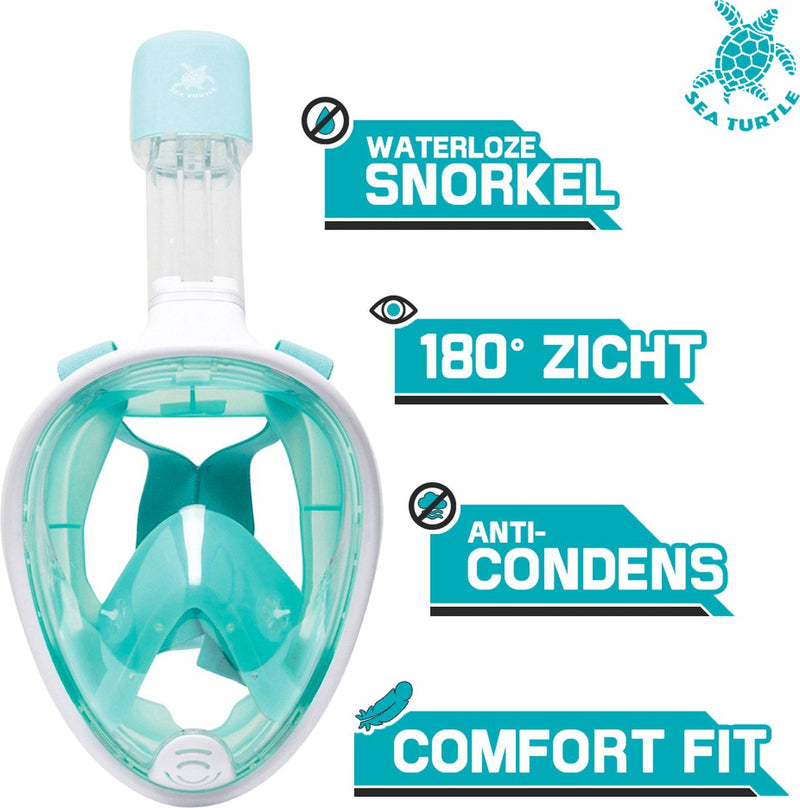 Maschera da snorkeling per tartaruga marina - boccaglio - occhialini da sub - set boccaglio - maschera integrale - adulti - bianco turchese - L XL