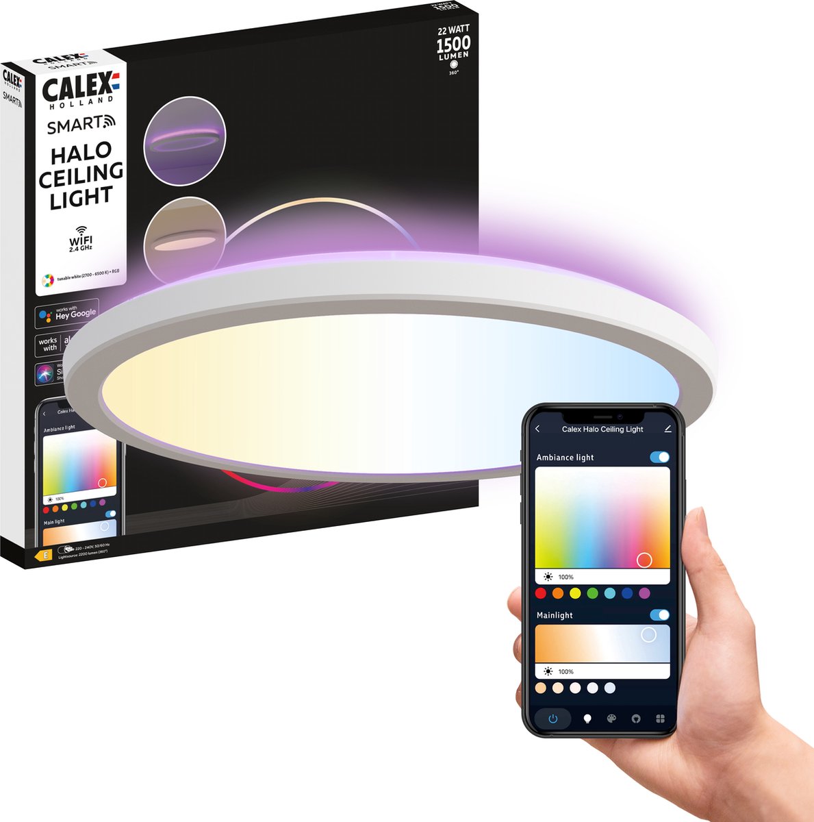Calex halo slimme plafonnière - smart plafondlamp 30cm - rgb en warm wit licht - wit