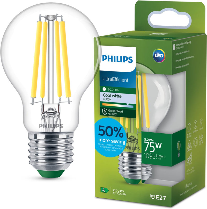 Philips LED Lampada LED Philips ultra efficiente trasparente - 75 W - E27 - luce bianca fredda