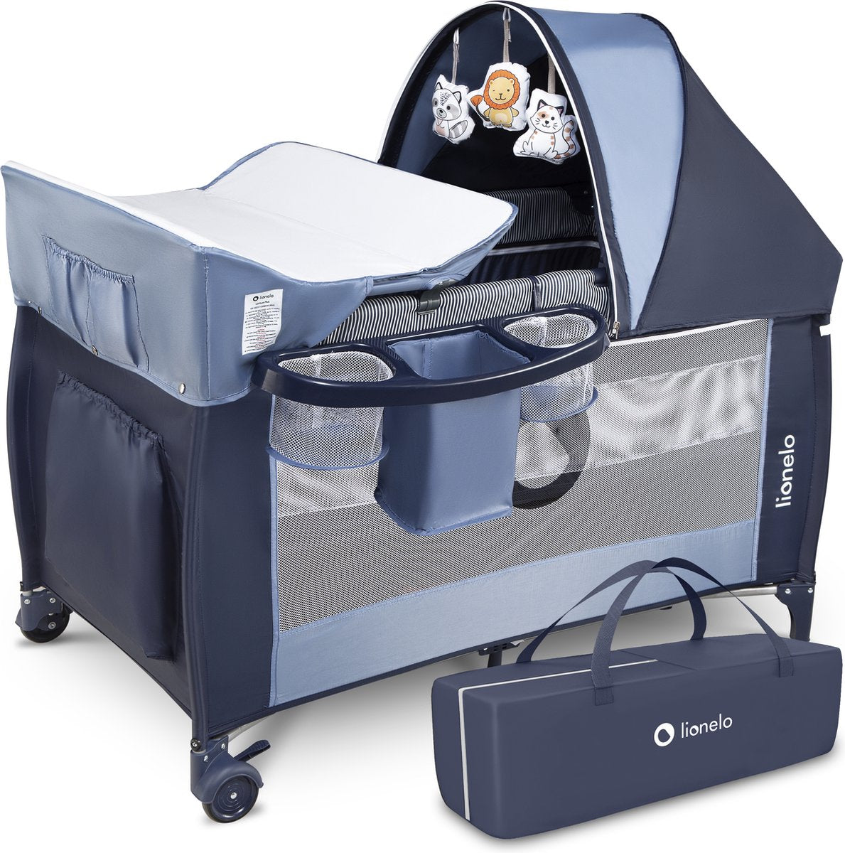 Lionelo sven plus 2in1 meegroeibed campingbedje - 127x60 cm - tot 15 kg - co-sleeper - reisbed met commode, organizer, klamboe en interactief speelgoed