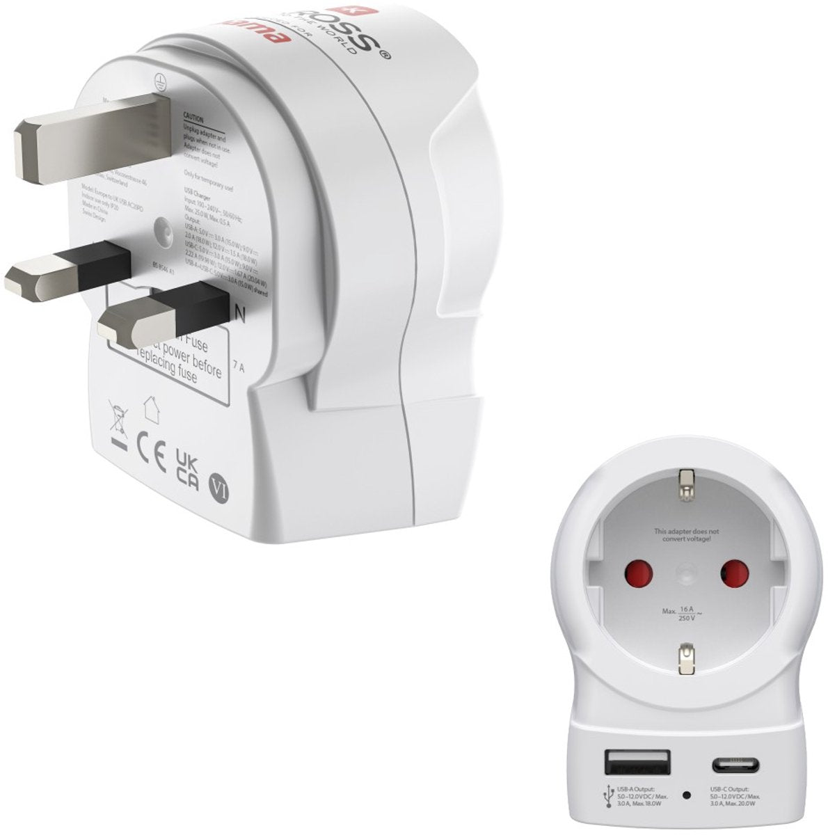 Hama skross by travel plug - eur (tipo e, f) a uk (tipo g) - 1x USB-A, 1x USB-C PD - blanco