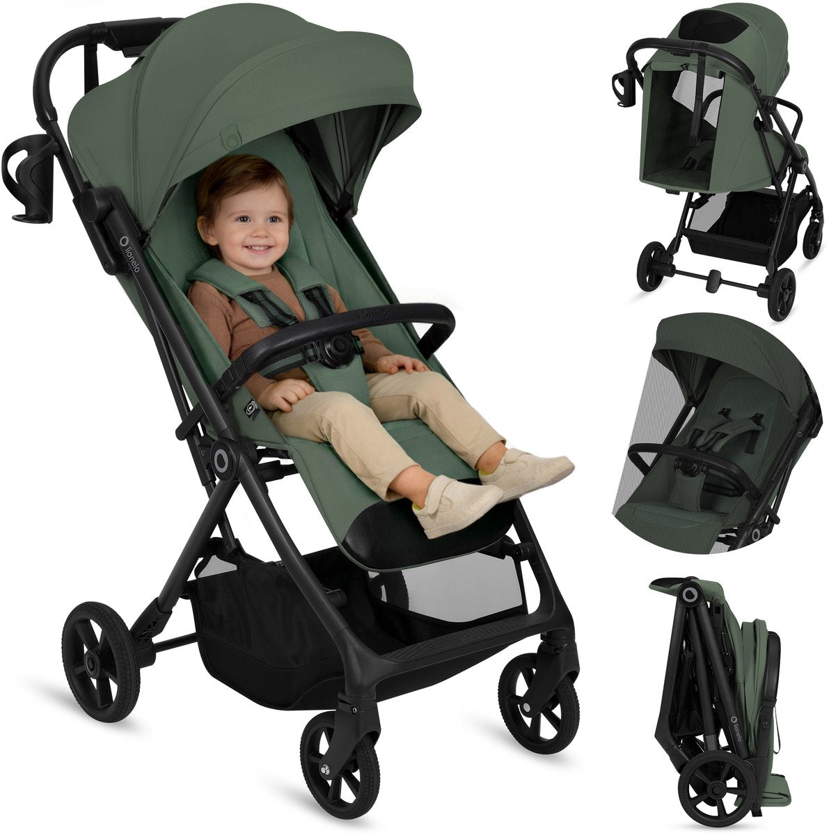 Passeggino Lionelo Tansi - ruote graveltech - sistema di chiusura automatica pieghevole - adatto da 6 mesi a 4 anni - sedile alto fino a 92 cm - schienale a 3 posizioni - comfort del sedile asciutto - incluso portabicchieri in zanzariera