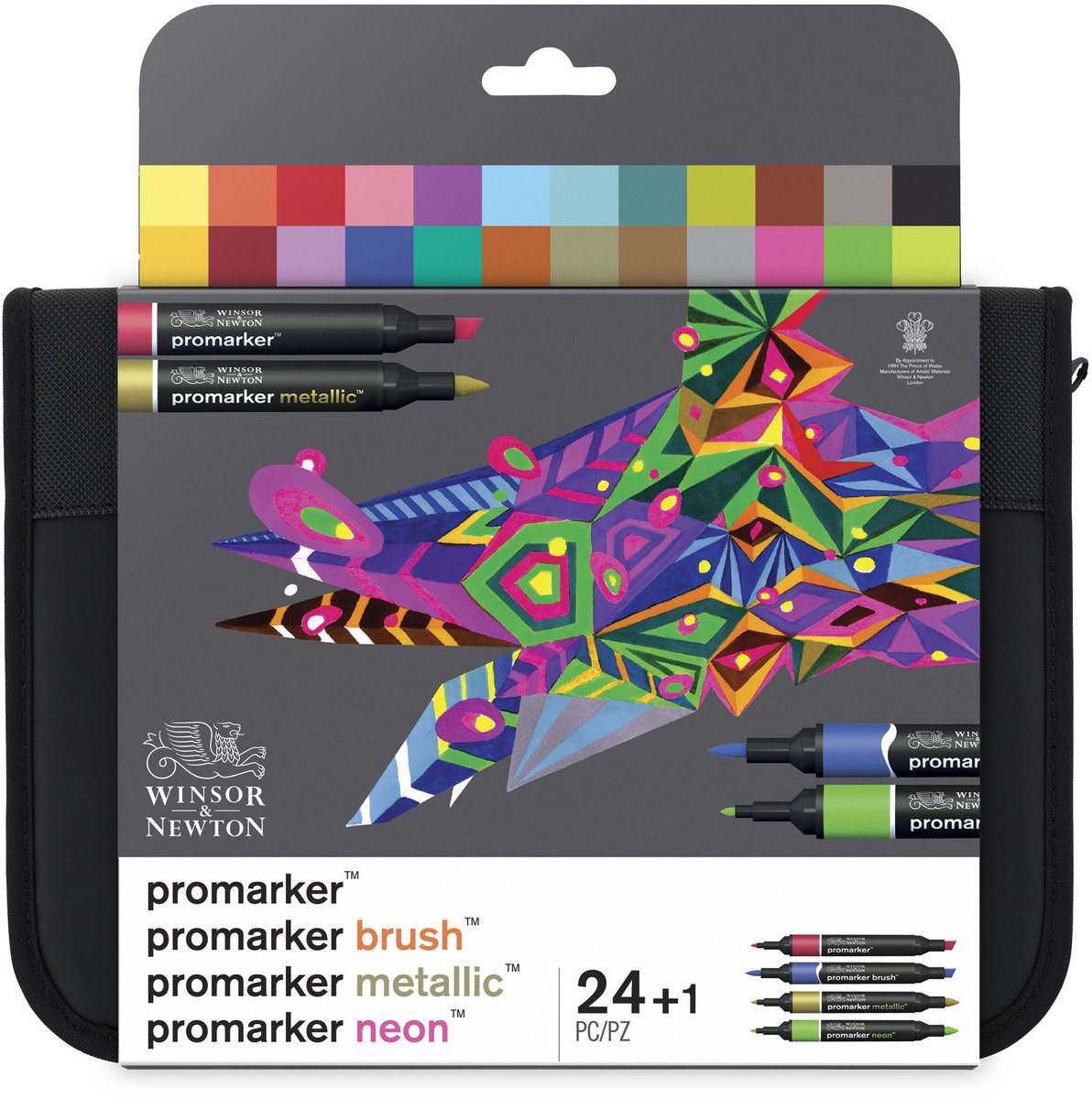 Winsor newton 0290037 mixed marker set 24 in wallet | promarker, brush, metallic neon