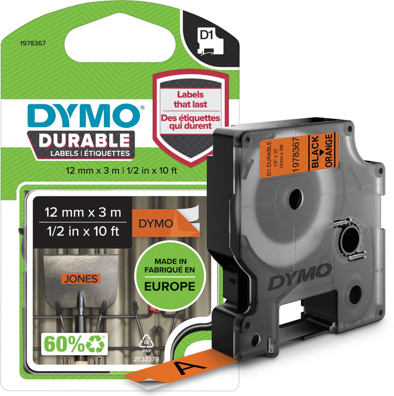 Etichette durevoli Dymo originali d1 | testo nero su etichetta arancione | 12 mm x 3 m | etichette autoadesive per la stampante per etichette Label Manager | prodotto in Europa