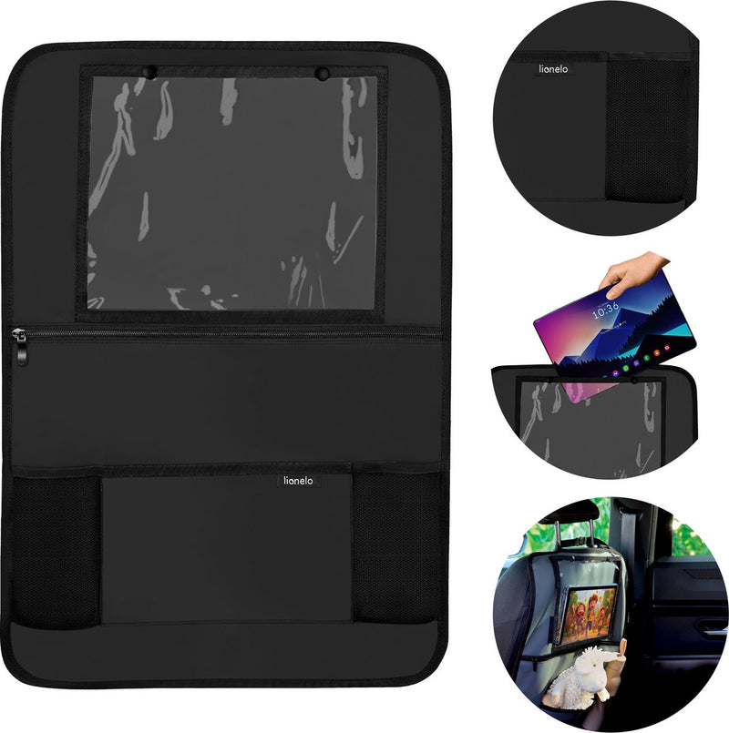 Organizador de asiento Lionelo - organizador de asiento de coche funcional - 5 compartimentos de almacenamiento, soporte para tablet de hasta 13" - cuero PU impermeable - fácil montaje - seguro y práctico para viajar