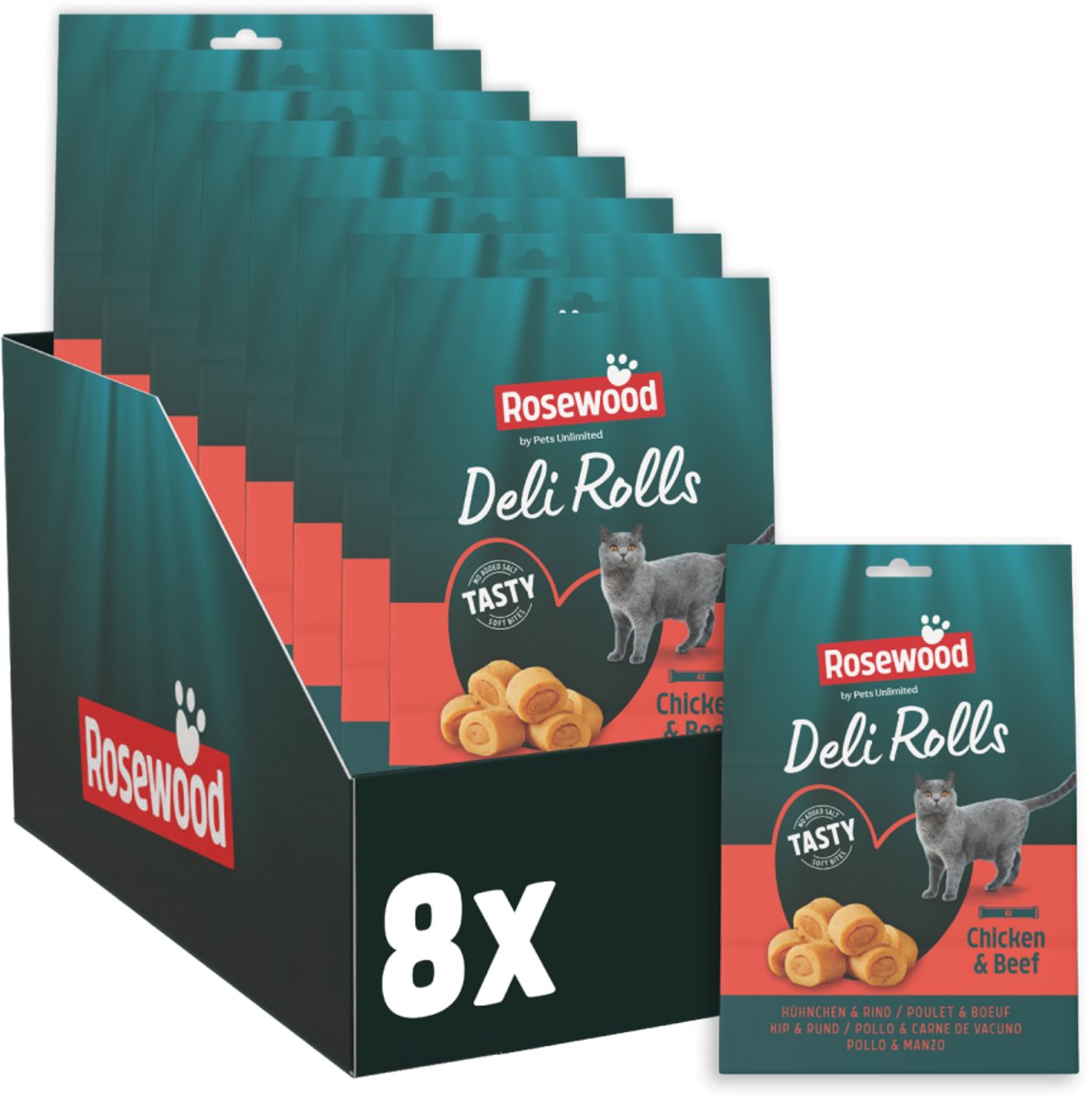 Rosewood deli rolls pollo e manzo - snack per gatti con pollo - senza sale né zucchero aggiunti - 8 buste da 40g