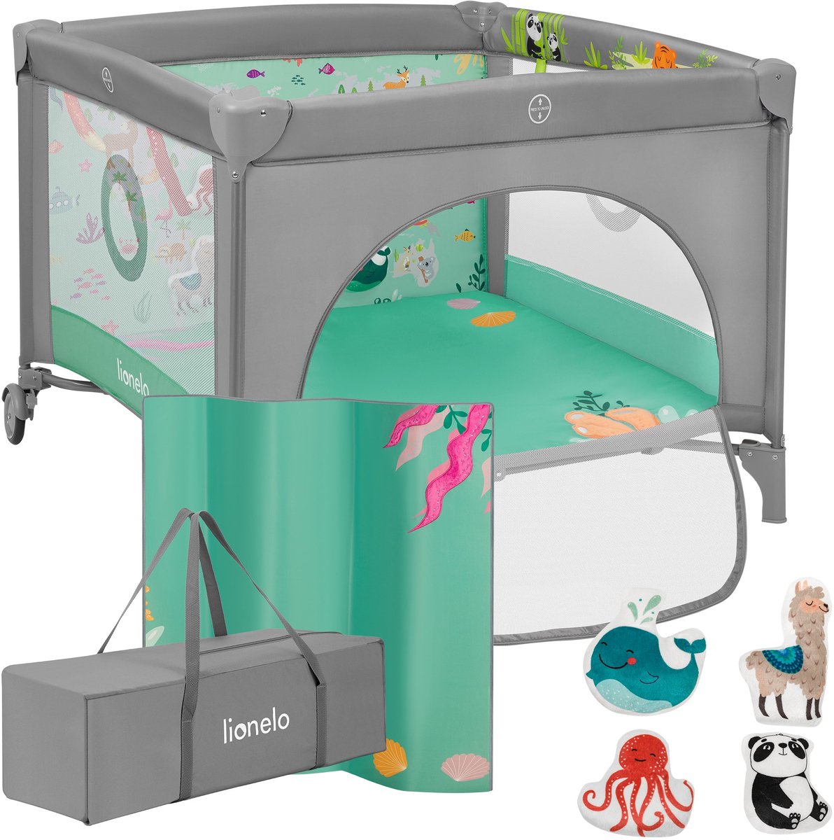 Lionelo mille plus kinderbox 0-36 maanden – babybox met t25 schuimmatras – opvouwbare speelbox met educatief speelgoed, handgrepen om te leren staan, zijdeur met ritssluiting, wielen draagtas – voor thuis en reizen