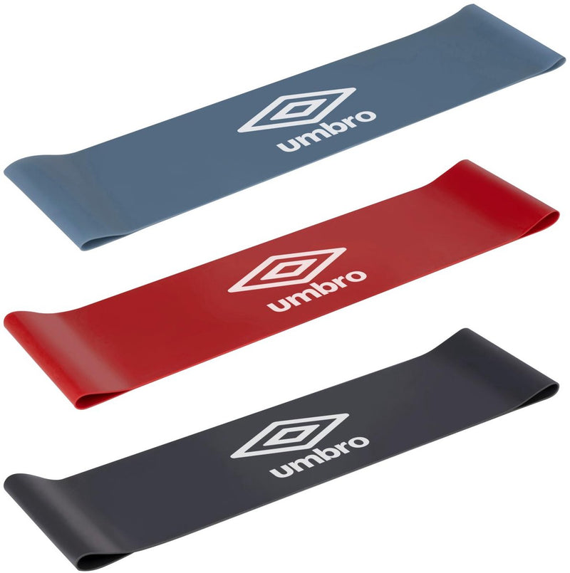 Juego de bandas de resistencia Umbro 3 piezas - banda de fitness - bandas de resistencia 9 kg 6,75 kg 4,5 kg - banda de entrenamiento - elásticos de fitness para entrenamiento de fuerza y rehabilitación - 76 x 300 mm - negro, rojo y azul