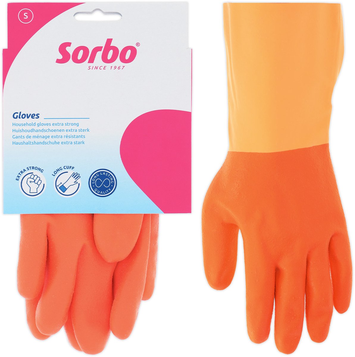 Sorbo huishoudhandschoenen strong s - rubberen schoonmaakhandschoenen met katoenen voering - oranje