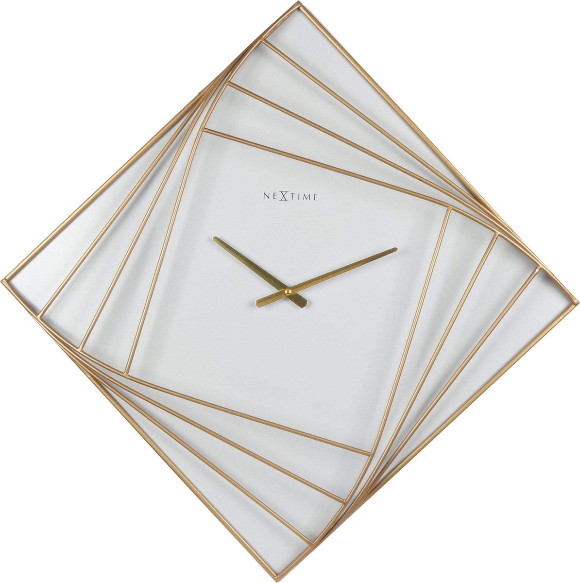 Nexttime Turning Square – Reloj de pared grande – 85 × 85 cm – Metal – Blanco dorado