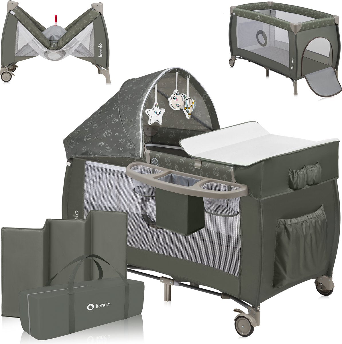 Lionelo sven plus 2in1 meegroeibed campingbedje - 127x60 cm - tot 15 kg - co-sleeper - reisbed met commode, organizer, klamboe en interactief speelgoed