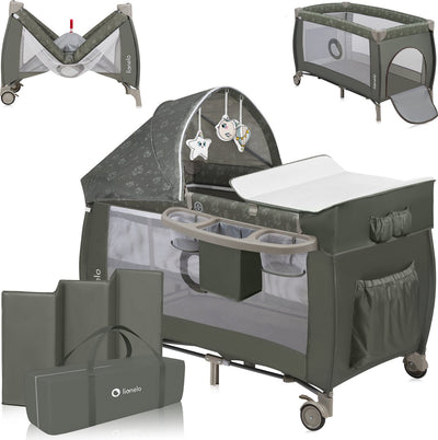 Lionelo Sven Plus Lettino da campeggio grow-along 2in1 - 127x60 cm - fino a 15 kg - co-sleeper - lettino da viaggio con fasciatoio, organizer, zanzariera e giocattoli interattivi